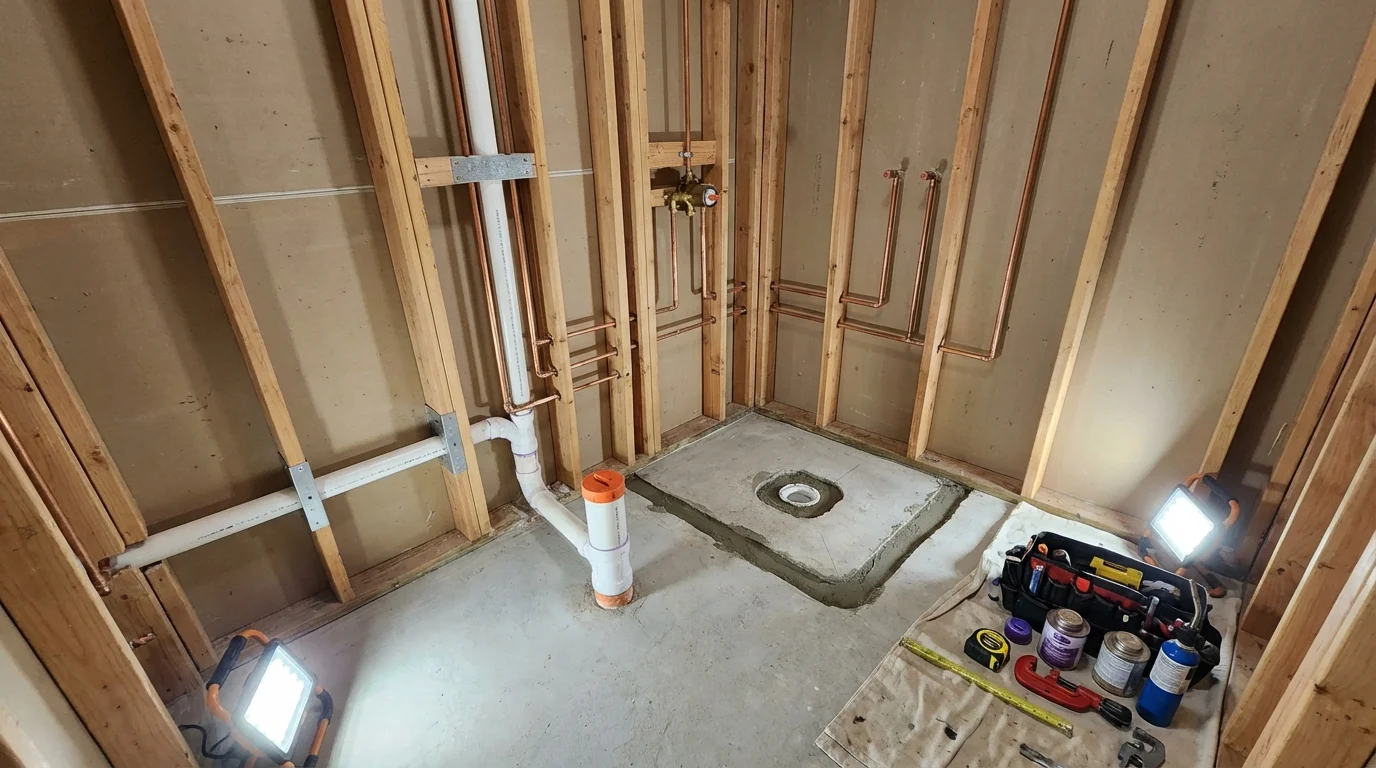 Bathroom rough-in plumbing during remodel by Johns Plumbing LLC in Three Forks