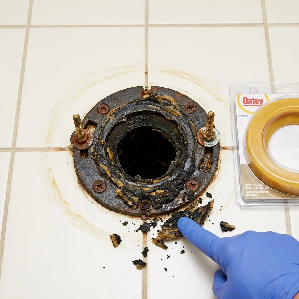 Failed wax ring showing water seepage at the base of a toilet in a Three Forks, MT home