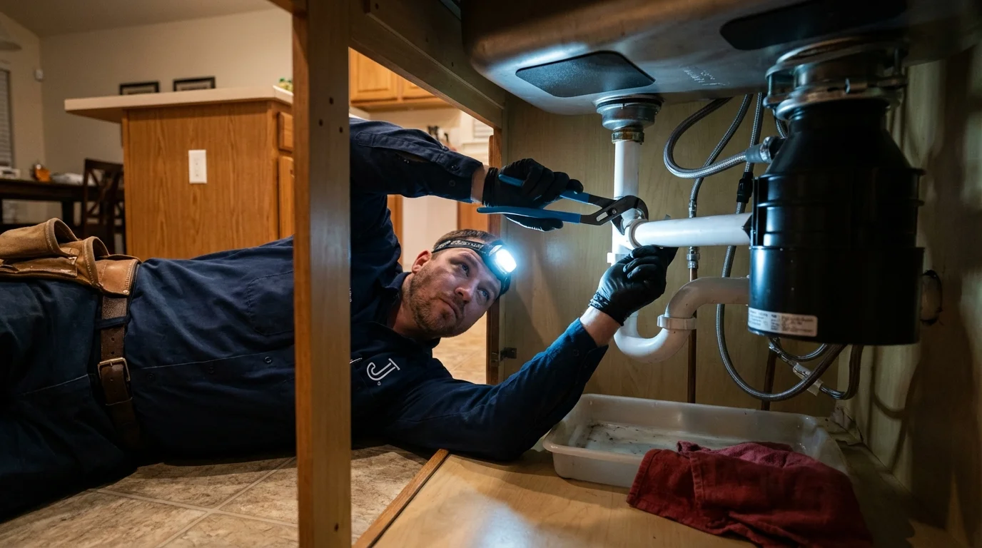 P-trap and supply line connections under a kitchen sink showing a common leak point in Three Forks, MT